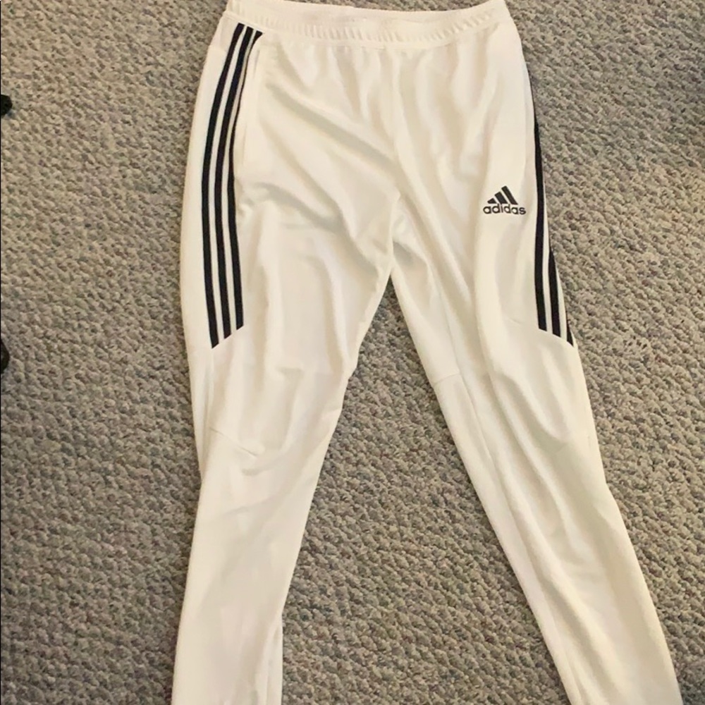 White adidas 3 stripe slim fit sweats